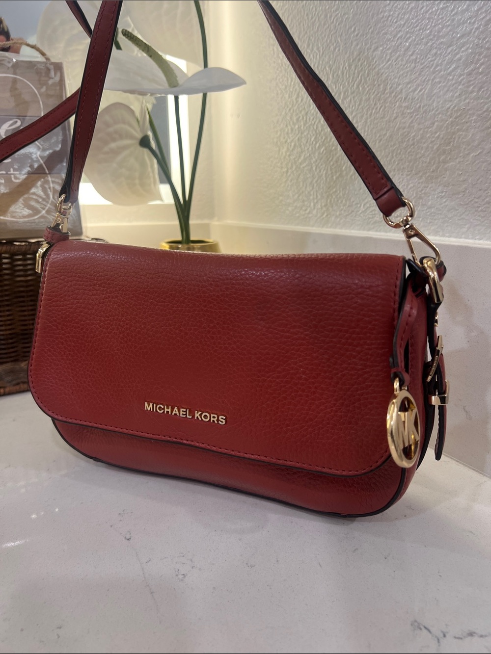 Michael Kors Red Pebbled Leather Crossbody Bag with Gold Hardware